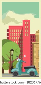 Poster cityscape on the background of sky urban facilities and urban transport scooter 