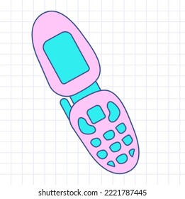 Poster with clamshell. Cute and stylish mobile phone. Old model from 90s. Hand drawn vector illustration. Vintage electronics concept.