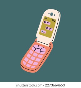 Poster with a clamshell phone. Cute and stylish retro mobile phone with buttons. Old model from 90s. Hand drawn vector illustration. Vintage wireless electronics concept.