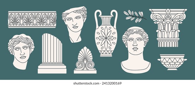 Poster with classical architectural details, sculptures and reliefs. Ancient Greek and Roman art concept. Prints can be used as stickers, icons, highlights etc. Hand drawn vector illustrations set.