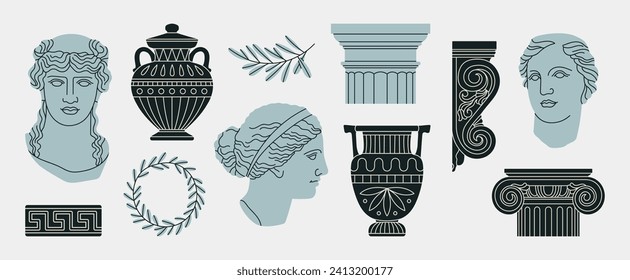 Poster with classical architectural details, sculptures and reliefs. Ancient Greek and Roman art concept. Prints can be used as stickers, icons, highlights etc. Hand drawn vector illustrations set.