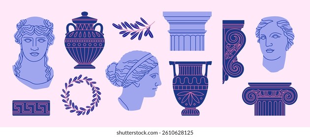 Poster with classical architectural details, sculptures and reliefs. Ancient Greek and Roman art concept. Prints can be used as stickers, icons, highlights etc. Hand drawn vector illustrations set.