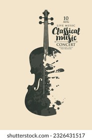 Afiche de un concierto de música clásica. Pancarta vectorial, volante, invitación, boleto o banner publicitario con violín abstracto en forma de manchas brillantes de pintura