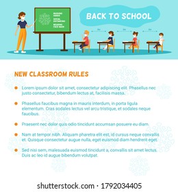 Poster for classroom rules. Vector cartoon illustration in header. Teacher shows on the board new rules for covid protections. Teacher and kids wearing medical face masks. Back to school. New normal.
