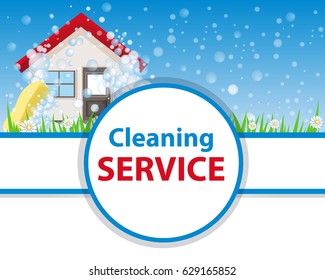 Poster clean house on a blue background. Banner for advertising service cleaning. Wash the home. Vector illustration.
