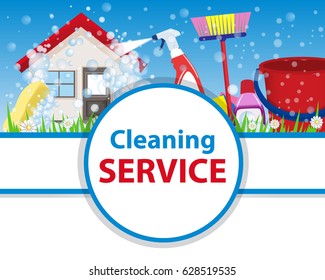 Poster clean house with tools for cleanliness and disinfection on a blue background. Banner for advertising service cleaning. Wash the home. Vector illustration.