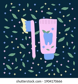 Poster clean your teeth. Children's dental concept. Doodle pattern with a toothbrush, toothpaste in a circle of mint leaves. Vector illustration