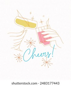 Poster clinking glasses with lettering cheers drawing with color on light background