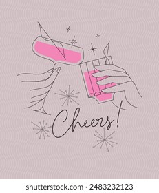 Poster clinking glasses with lettering cheers drawing with color on pink background