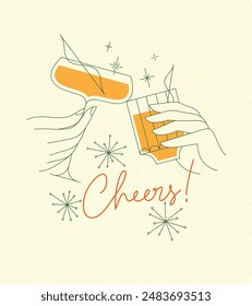 Poster clinking glasses with lettering cheers drawing with color on yellow background