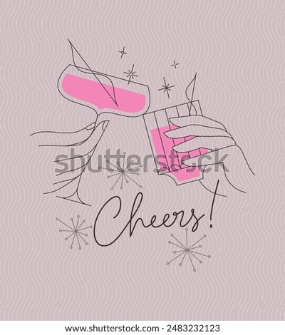 Poster clinking glasses with lettering cheers drawing with color on pink background