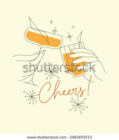 Poster clinking glasses with lettering cheers drawing with color on yellow background
