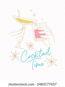 Poster clinking glasses with lettering cocktail time drawing with color on light background