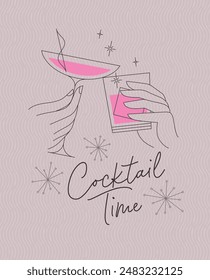 Poster clinking glasses with lettering cocktail time drawing with color on pink background