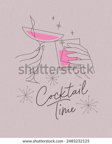 Poster clinking glasses with lettering cocktail time drawing with color on pink background