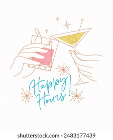 Poster clinking glasses with lettering happy hours drawing with color on light background