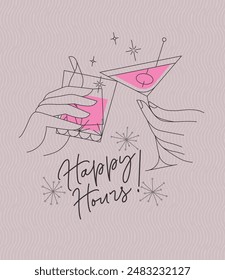 Poster clinking glasses with lettering happy hours drawing with color on pink background