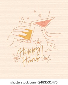 Poster clinking glasses with lettering happy hours drawing with color on beige background