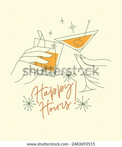 Poster clinking glasses with lettering happy hours drawing with color on yellow background