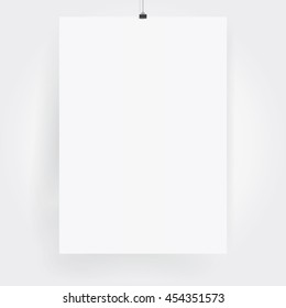 Poster Clips On A Gray Background. Paper Poster, Blank Mockup, Sheet Background, Poster Page, White Note, Vector eps-10.
