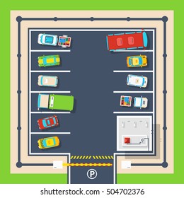 Poster of closed parking area with barrier administration building and different vehicles top view flat vector illustration