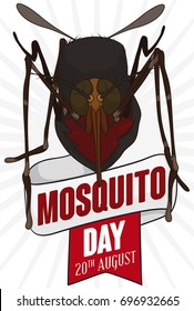 Poster with close-up frontal view of a mosquito over ribbons with greeting and date for World Mosquito Day commemoration.
