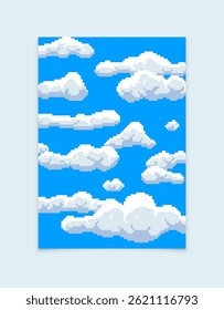Pôster com nuvens sobre fundo azul. Ilustração em pixel