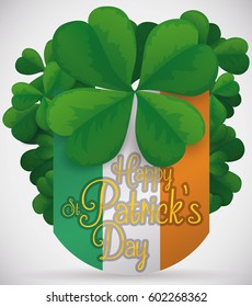Poster with clovers around the Irish flag with a greeting message celebrating St. Patrick's Day and a giant lukcy queatrefoil.