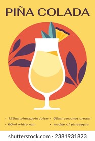 Poster with cocktail. Glass with alcoholic drink and ice. Pina colada drink for summer season with slice of pineapple. Cover or banner for website. Cartoon flat vector illustration