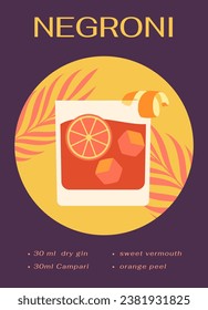 Poster with cocktail. Glass with alcoholic drink, grapefruit and ice. Negroni drink for summer season with slice of citrus. Graphic element for website. Cartoon flat vector illustration