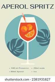 Poster with cocktail. Glass with alcoholic drinks and ice. Aperol spritz drink for summer season with slice of citrus. Tasty liquid and beverage. Cover or banner. Cartoon flat vector illustration