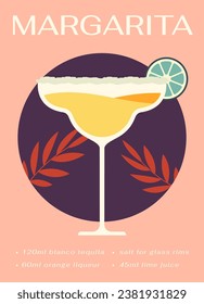 Poster with cocktail. Glass with alcoholic drinks and ice. Margarita drink for summer season with slice of lime. Tasty liquid and beverage. Template and layout. Cartoon flat vector illustration