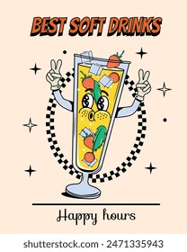 Poster with cocktail in groovy style. Food and drinks. Y2k elements and shapes. Vector. Isolated. Comic and character. Cartoon illustration. Walking. Retro drink with people face and hands and legs. 