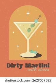 Poster with cocktail on orange  background with grunge texture. Dirty martini with olives. Banner for restaurant, cafe, bar, club, decorations. Poster in retro style. Flat vector illustration.