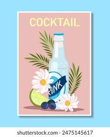 Poster with cocktail. Slice of lime near glass bottle. Summer cold and fresh drink. Tropical beverage with blueberry. Cartoon flat vector illustration isolated on pink background