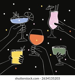 Poster with cocktails in hands. Poster with hands holding alcoholic drinks. Illustration for bar or party on dark background. Flat vector illustration