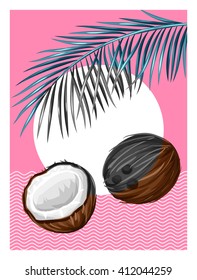 Poster with coconuts. Tropical abstract background in retro style. Image for holiday invitations, greeting cards, posters.