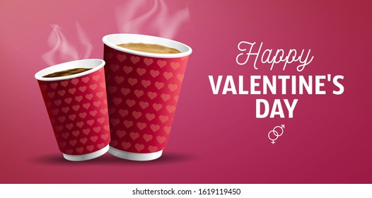 Poster for cofe with Coffee to Go americano and cappuccino for Valentine's Day Banner Concept