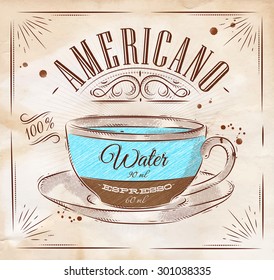 Poster coffee americano in vintage style drawing on kraft