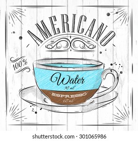 Poster coffee americano in vintage style drawing on wood background