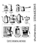 Poster with coffee brewing methods infographic. Set of coffeemakers and coffee machines in vintage hand drawn style.