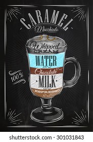 Poster coffee caramel macchiato in vintage style drawing with chalk on the blackboard