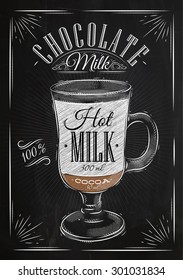 Poster coffee chocolate milk in vintage style drawing with chalk on the blackboard