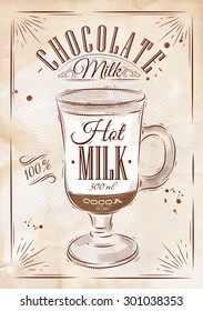 Poster coffee chocolate milk in vintage style drawing on kraft