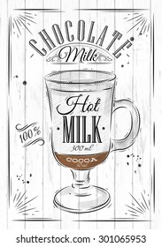 Poster coffee chocolate milk in vintage style drawing on wood background