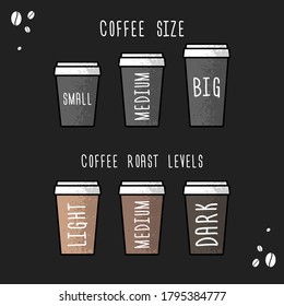 Poster Coffee cup size and coffee roast levels. Vector flat illustration. Coffee to go. Cups different size small, medium, big. Coffee different roast light, medium, dark on black backdrop.