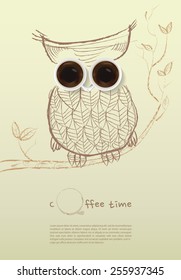 Poster with a coffee cup. Vector,Owl coffee concept.