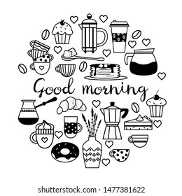 Poster with coffee elements (pot, coffee maker, mugs, cups, croissant, cupcake, donut, sugar, beans, pancakes).Circle concept.Flat line icons vector collection. Background for cafes, print, wallpaper