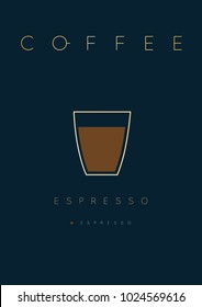 Poster coffee espresso with names of ingredients drawing in flat style on dark blue background