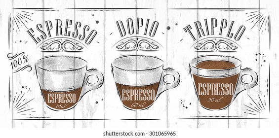 Poster coffee espresso in vintage style drawing on wood background